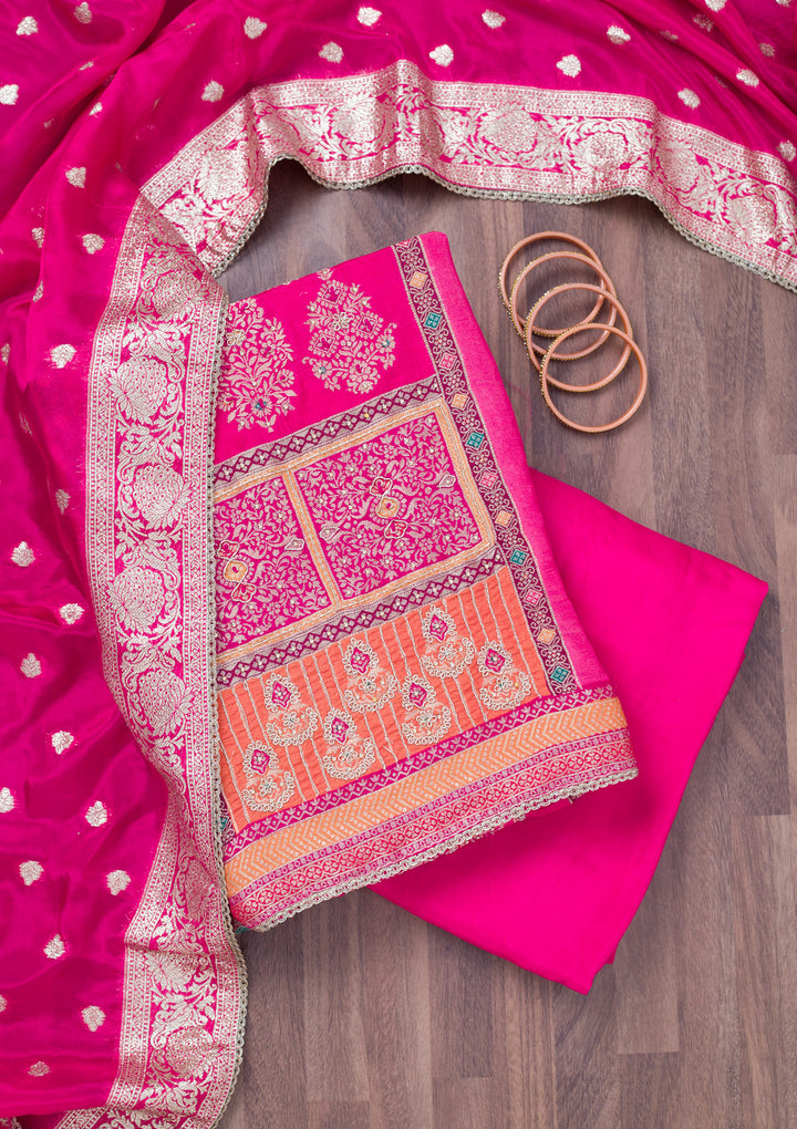 Rani Pink Cutdana Semi Crepe Unstitched Salwar Suit