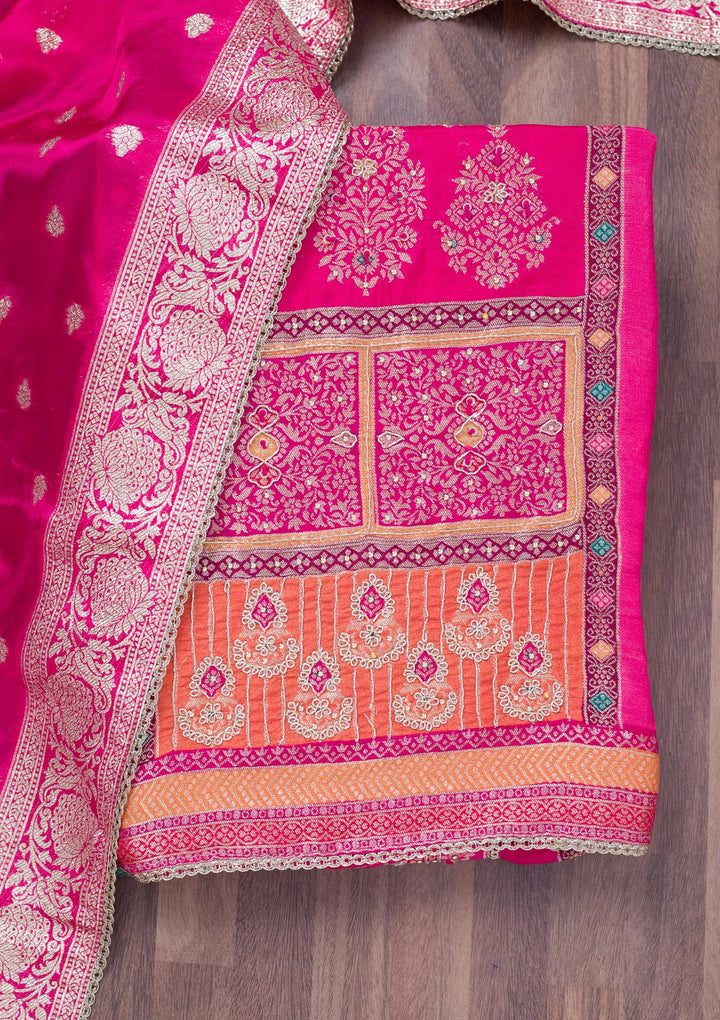Rani Pink Cutdana Semi Crepe Unstitched Salwar Suit