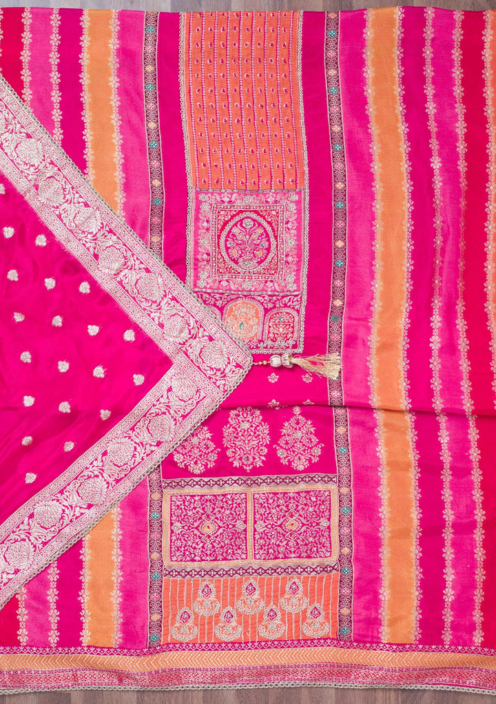 Rani Pink Cutdana Semi Crepe Unstitched Salwar Suit