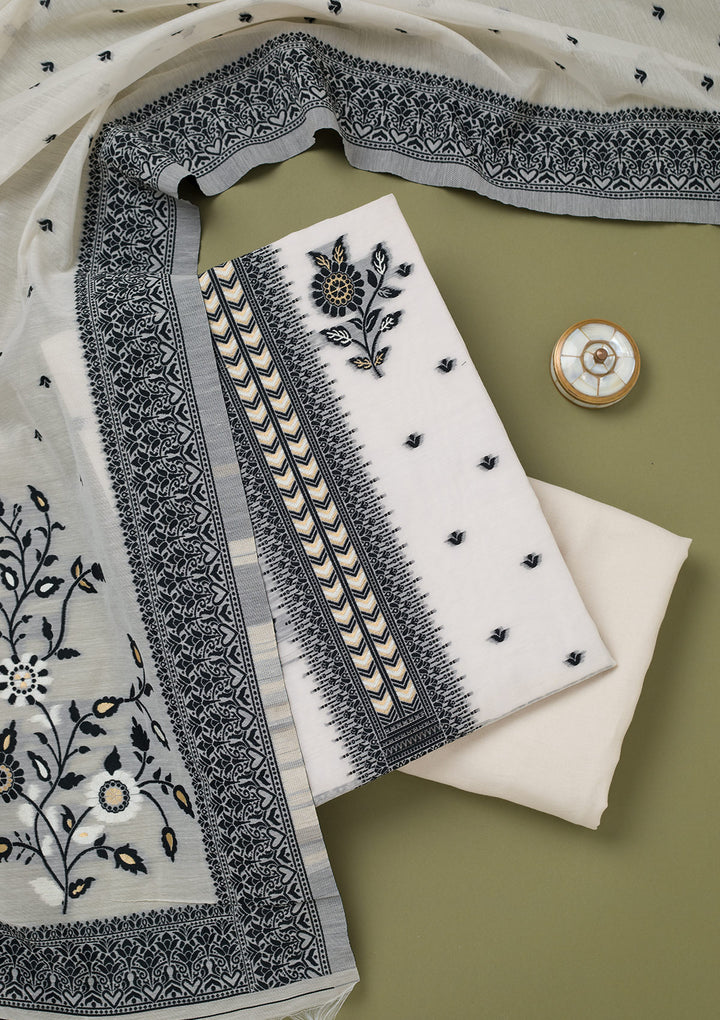 Cream Threadwork Linen Unstitched Salwar Suit