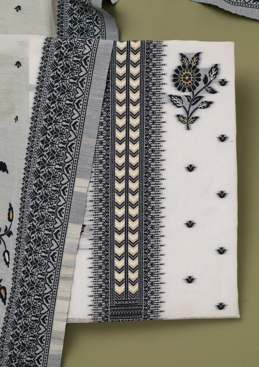 Cream Threadwork Linen Unstitched Salwar Suit