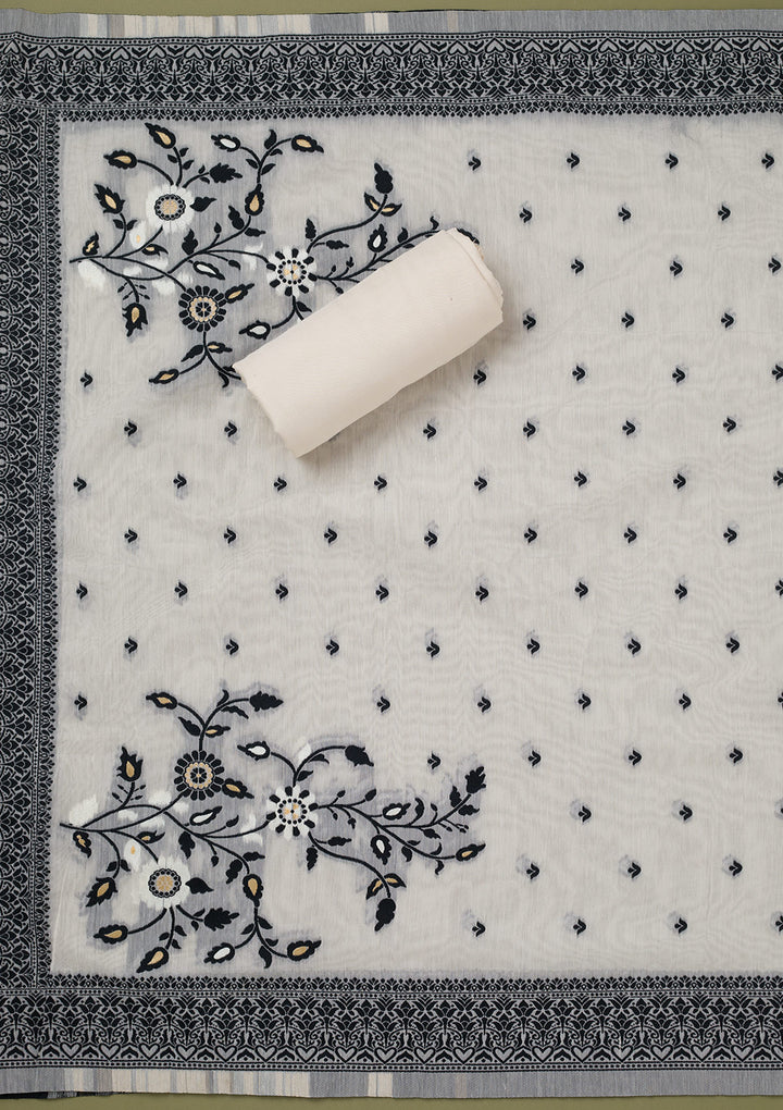 Cream Threadwork Linen Unstitched Salwar Suit