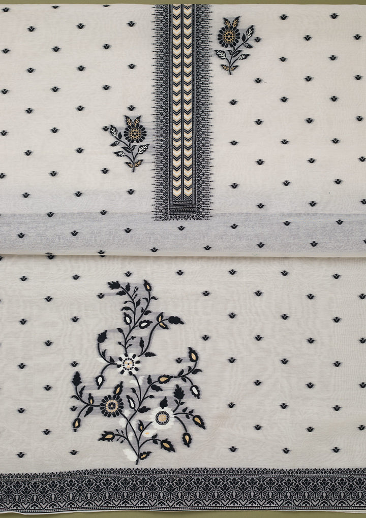 Cream Threadwork Linen Unstitched Salwar Suit