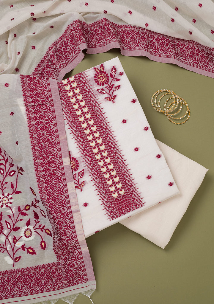 Cream Threadwork Linen Unstitched Salwar Suit