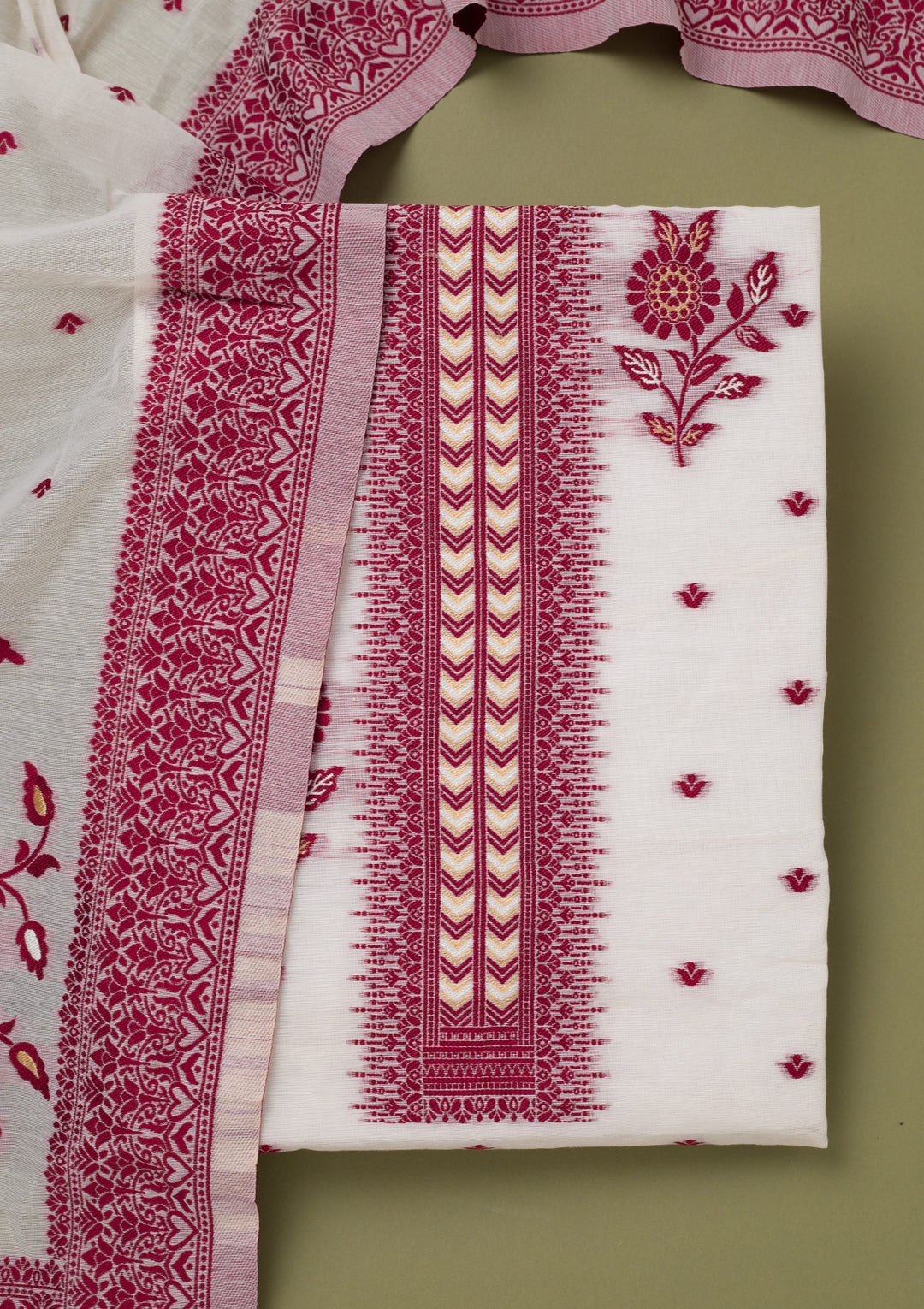 Cream Threadwork Linen Unstitched Salwar Suit