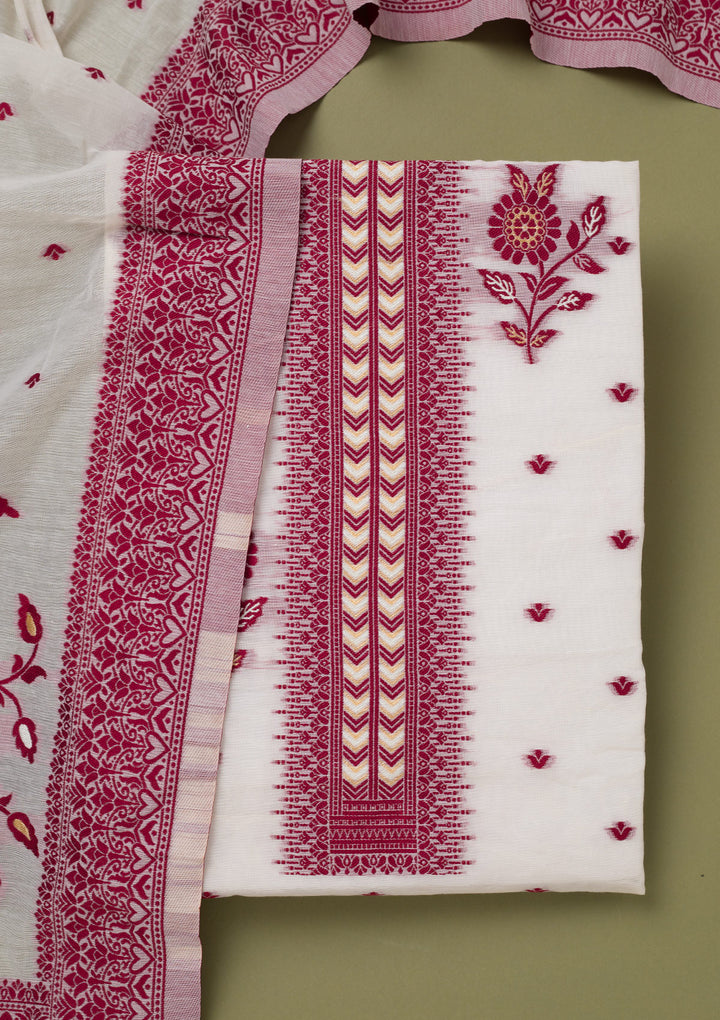 Cream Threadwork Linen Unstitched Salwar Suit