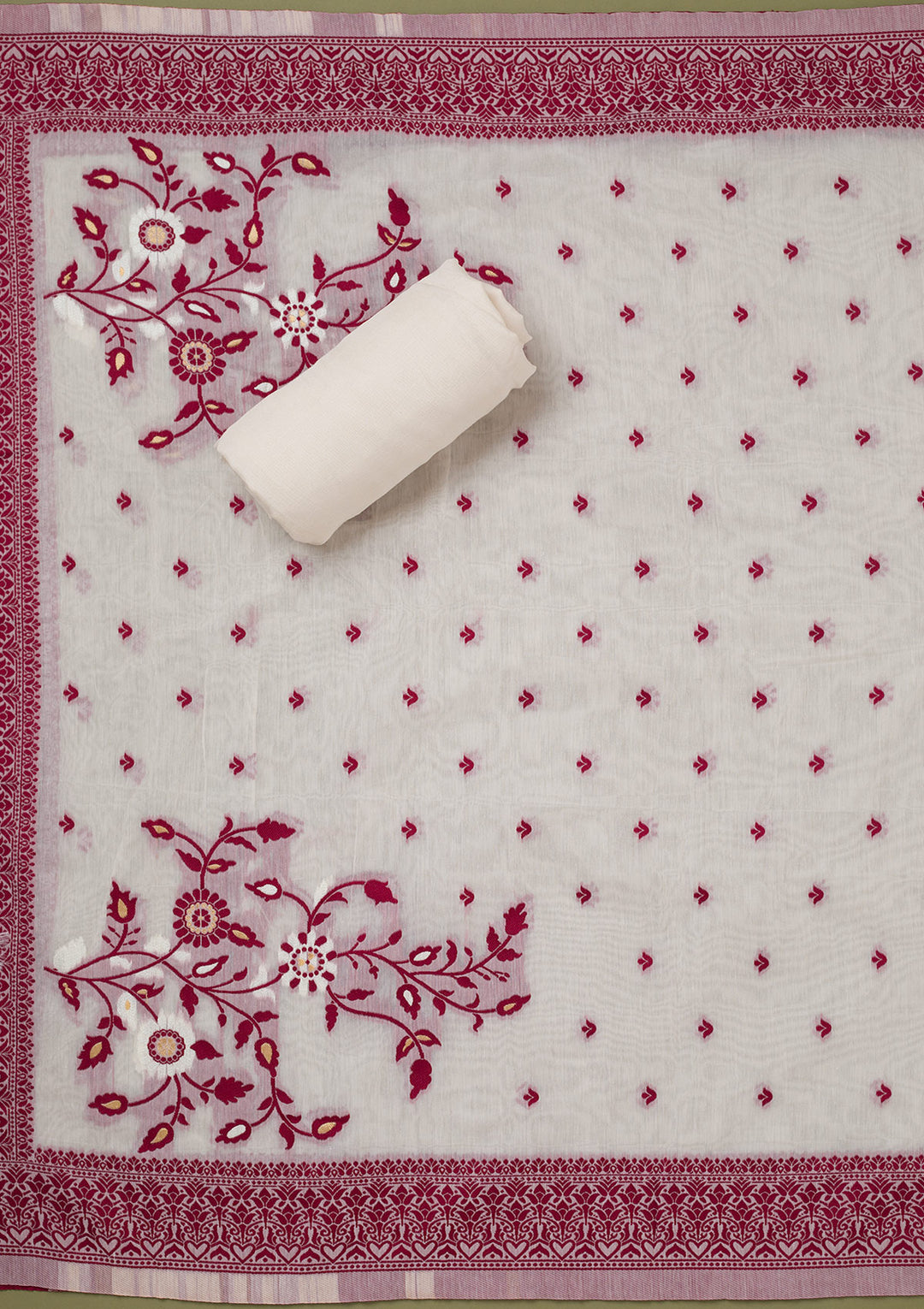 Cream Threadwork Linen Unstitched Salwar Suit