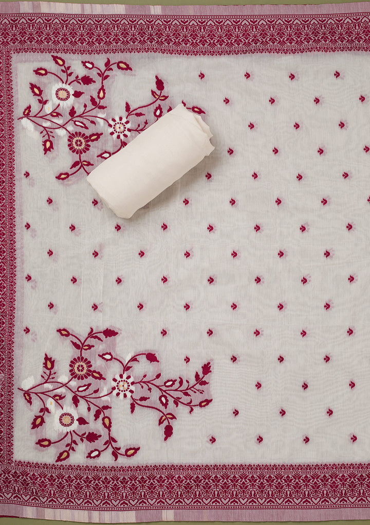 Cream Threadwork Linen Unstitched Salwar Suit