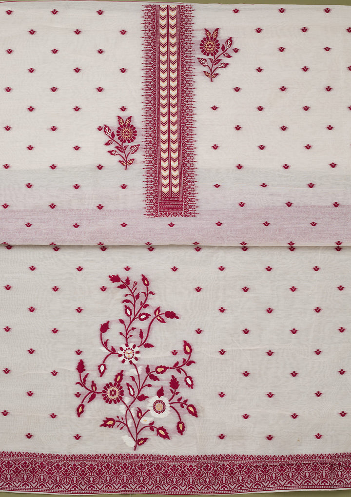 Cream Threadwork Linen Unstitched Salwar Suit
