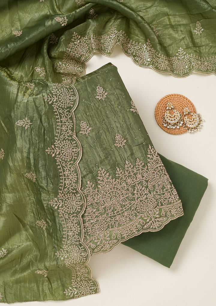 Leaf Green Threadwork Tissue Unstitched Salwar Suit