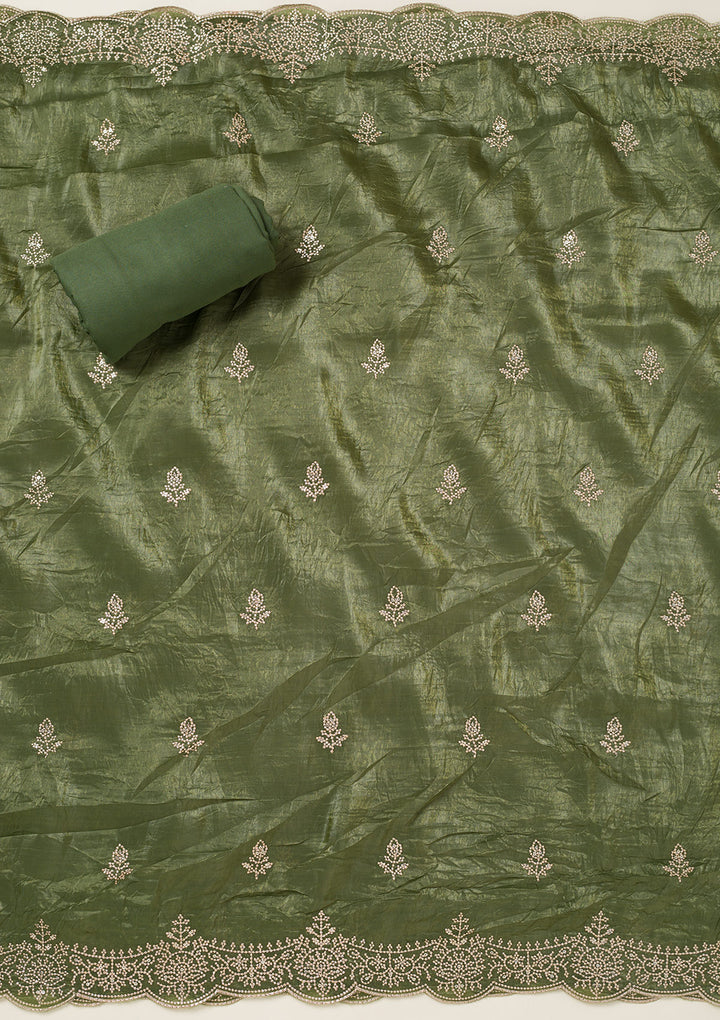 Leaf Green Threadwork Tissue Unstitched Salwar Suit