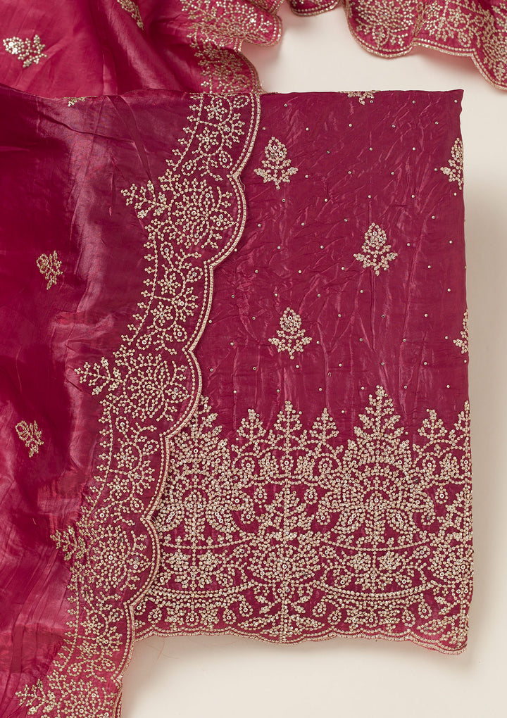 Wine Threadwork Tissue Unstitched Salwar Suit