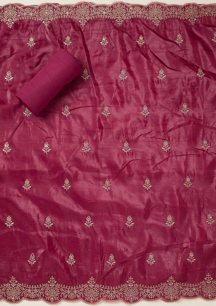 Wine Threadwork Tissue Unstitched Salwar Suit