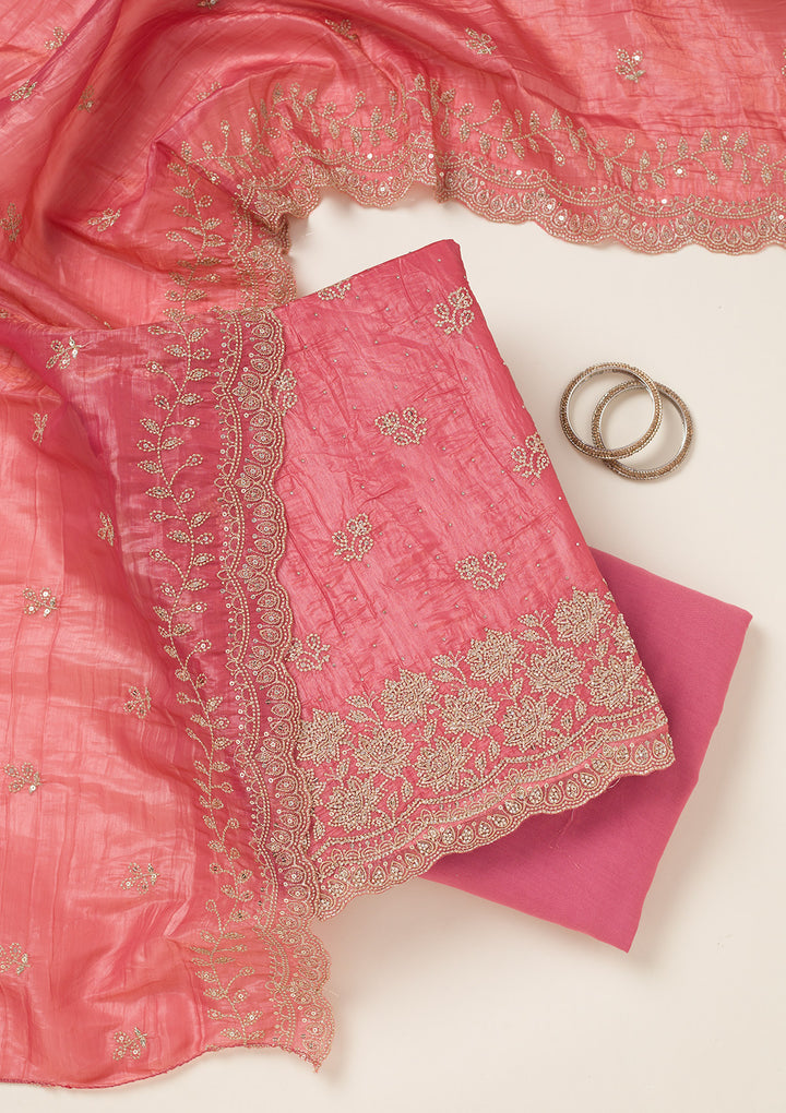 Onion Pink Threadwork Tissue Unstitched Salwar Suit
