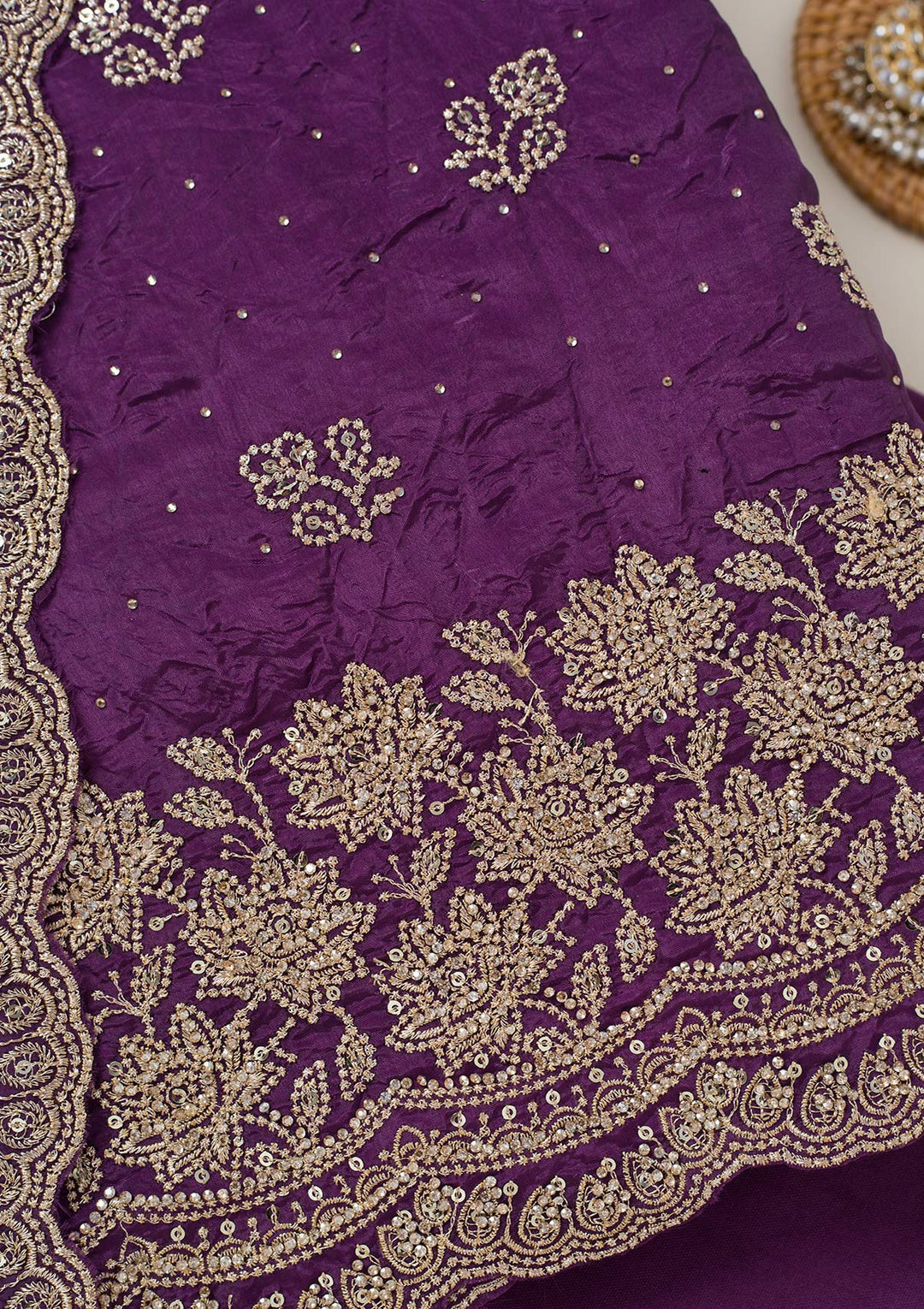 Purple Threadwork Tissue Unstitched Salwar Suit