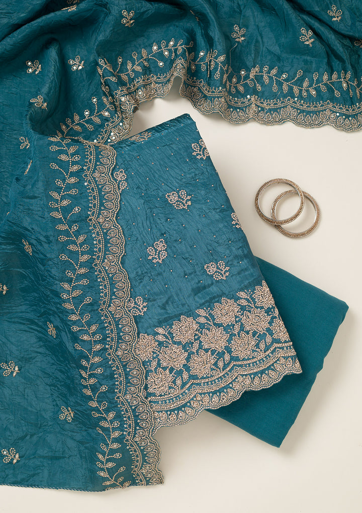 Turquoise Blue Threadwork Tissue Unstitched Salwar Suit