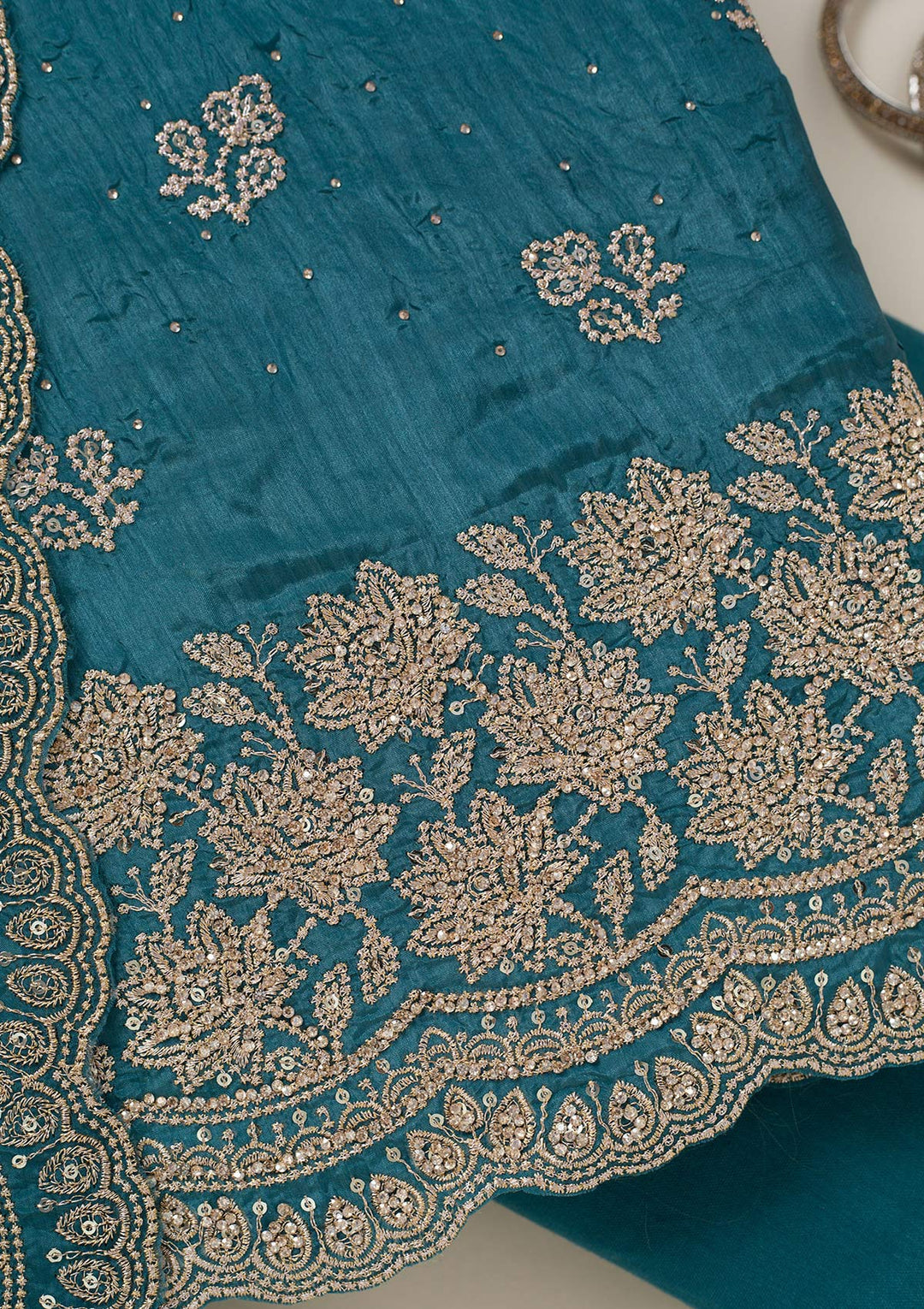 Turquoise Blue Threadwork Tissue Unstitched Salwar Suit