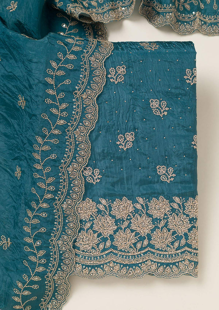 Turquoise Blue Threadwork Tissue Unstitched Salwar Suit