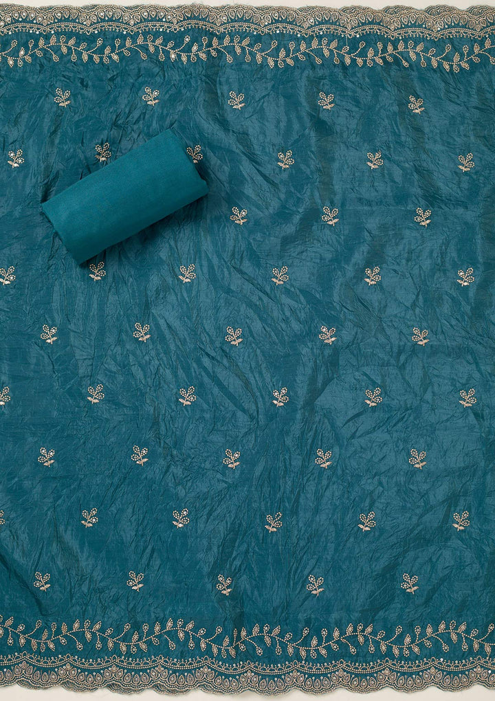 Turquoise Blue Threadwork Tissue Unstitched Salwar Suit