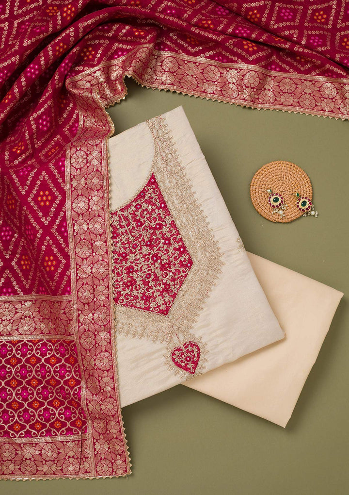 Beige Zariwork Tissue Unstitched Salwar Suit