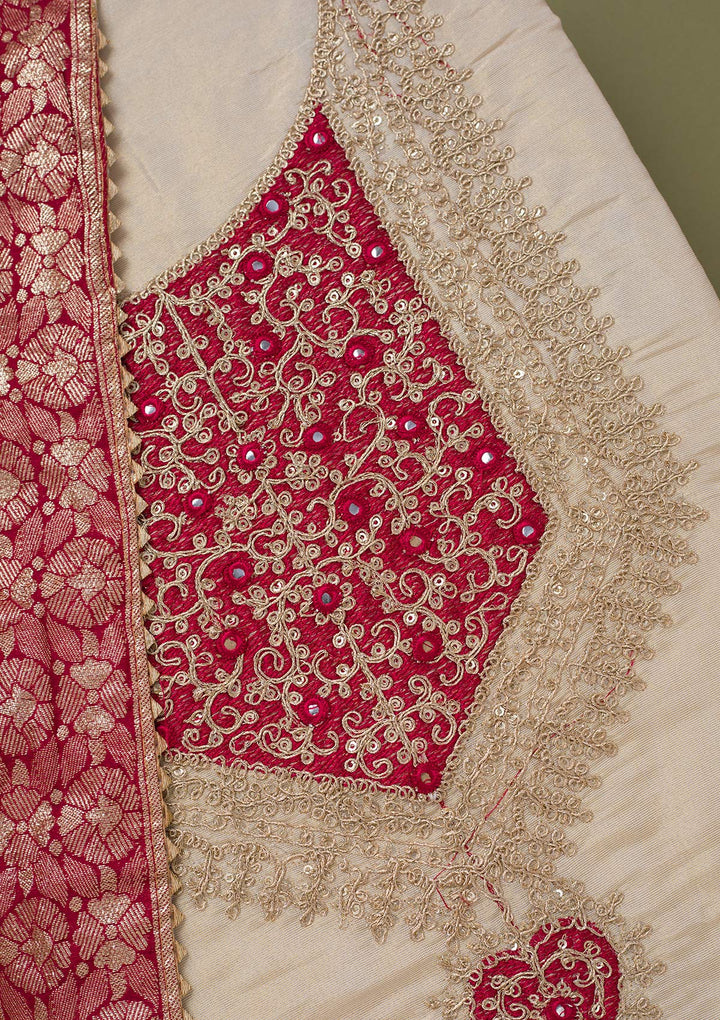 Beige Zariwork Tissue Unstitched Salwar Suit