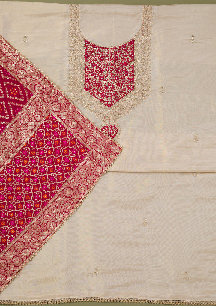 Beige Zariwork Tissue Unstitched Salwar Suit