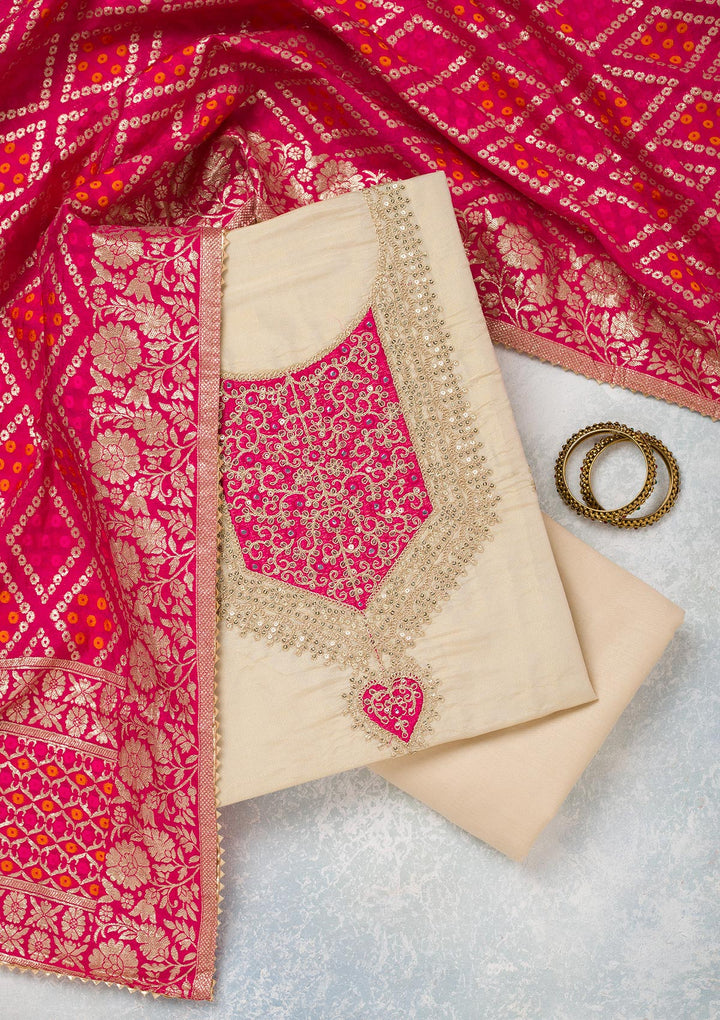 Beige Zariwork Tissue Unstitched Salwar Suit