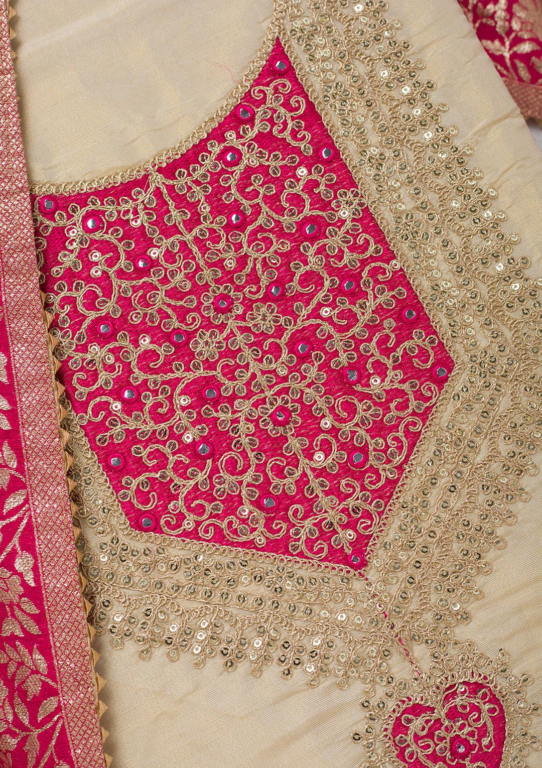 Beige Zariwork Tissue Unstitched Salwar Suit