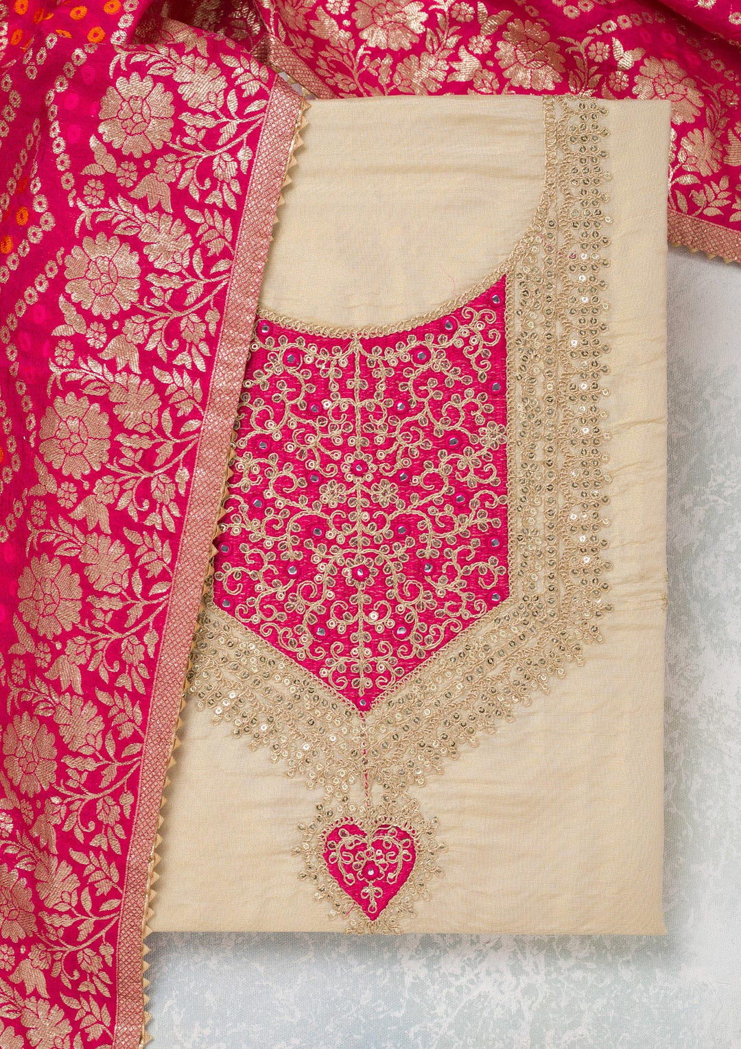 Beige Zariwork Tissue Unstitched Salwar Suit