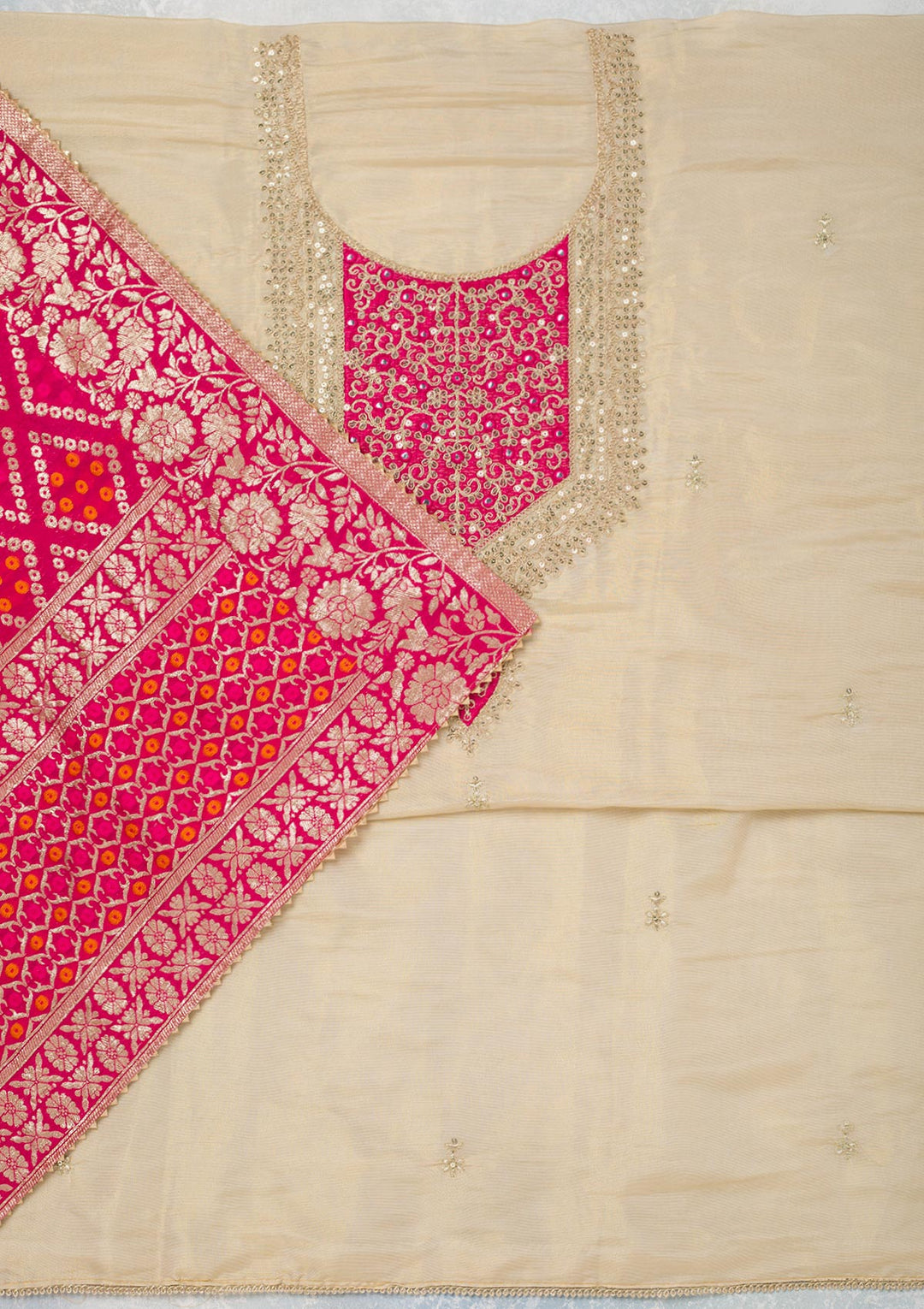 Beige Zariwork Tissue Unstitched Salwar Suit