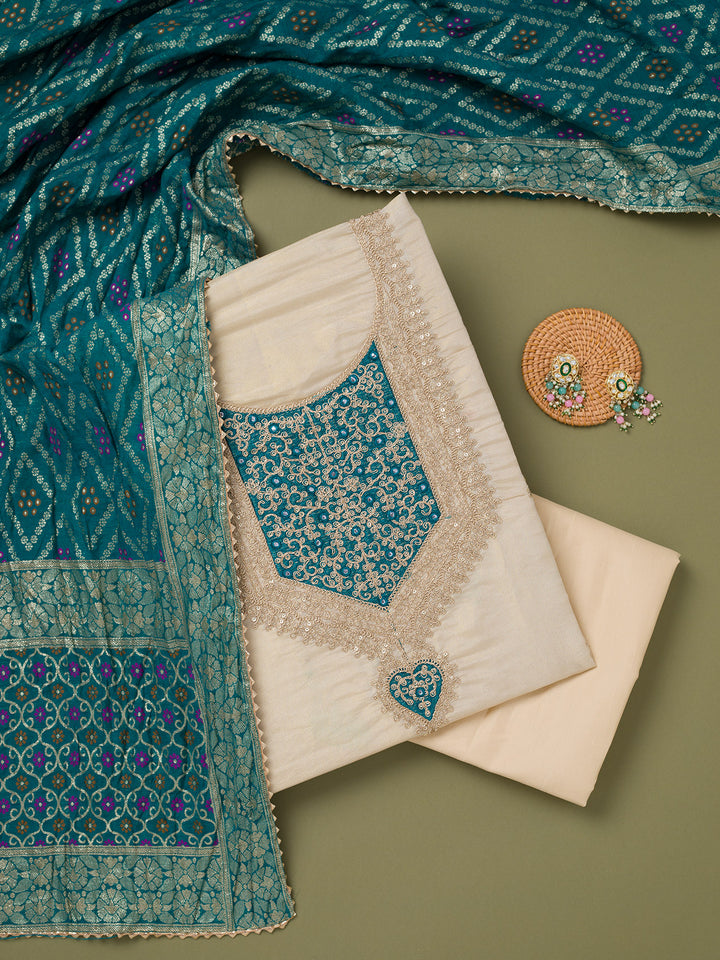 Beige Zariwork Tissue Unstitched Salwar Suit