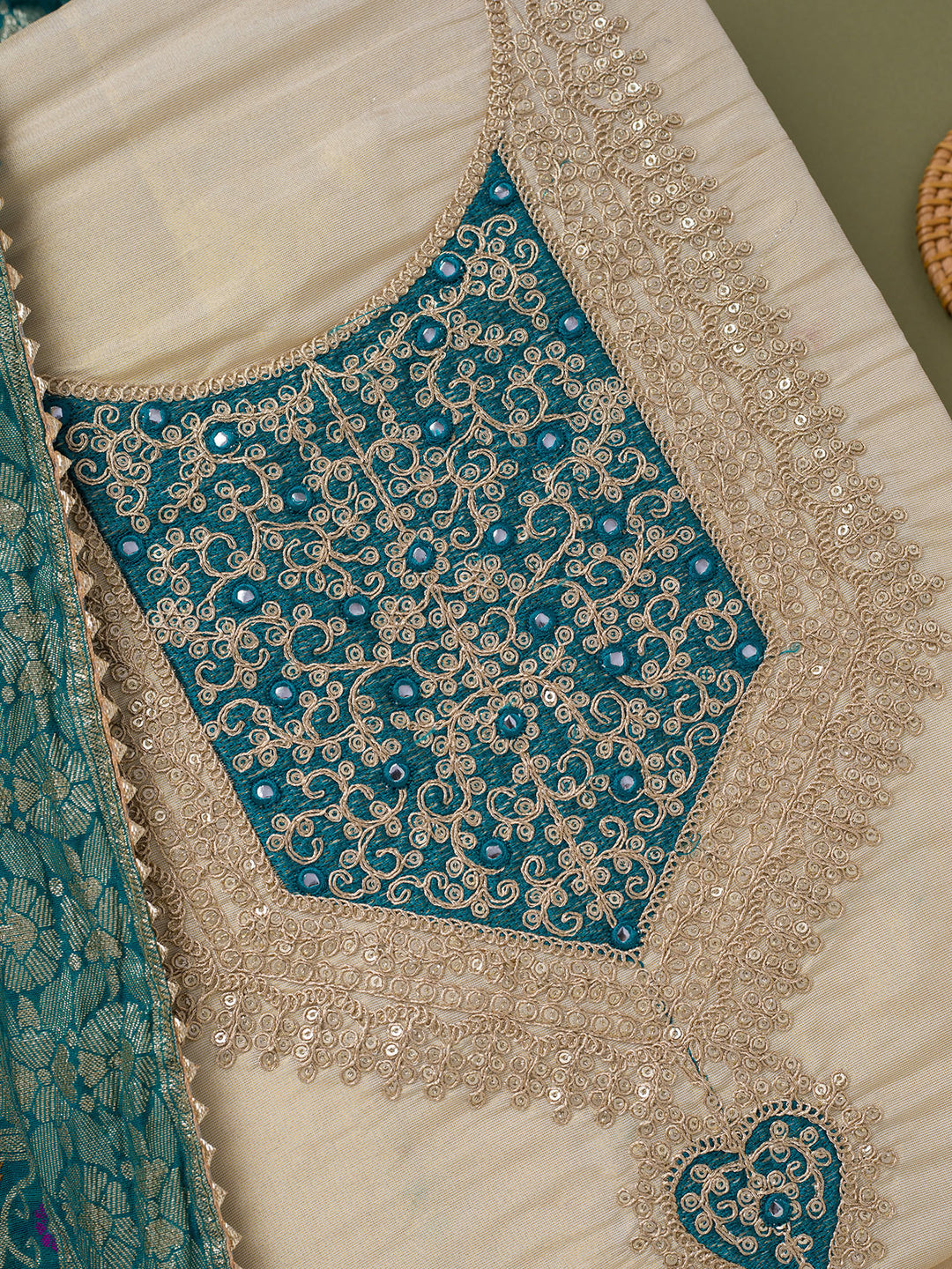 Beige Zariwork Tissue Unstitched Salwar Suit