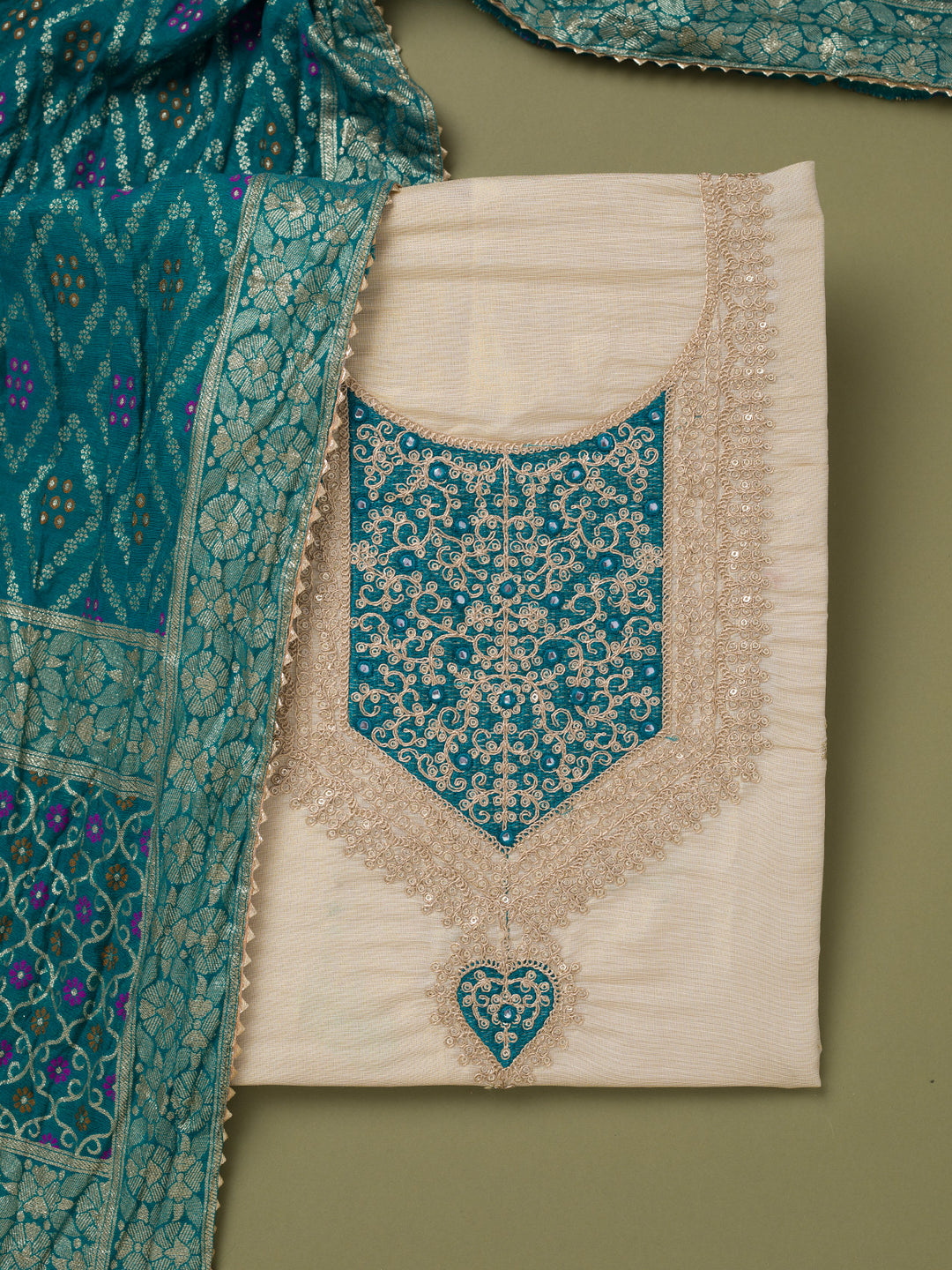 Beige Zariwork Tissue Unstitched Salwar Suit
