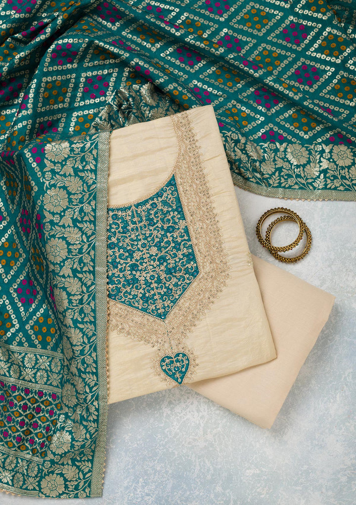 Beige Zariwork Tissue Unstitched Salwar Suit