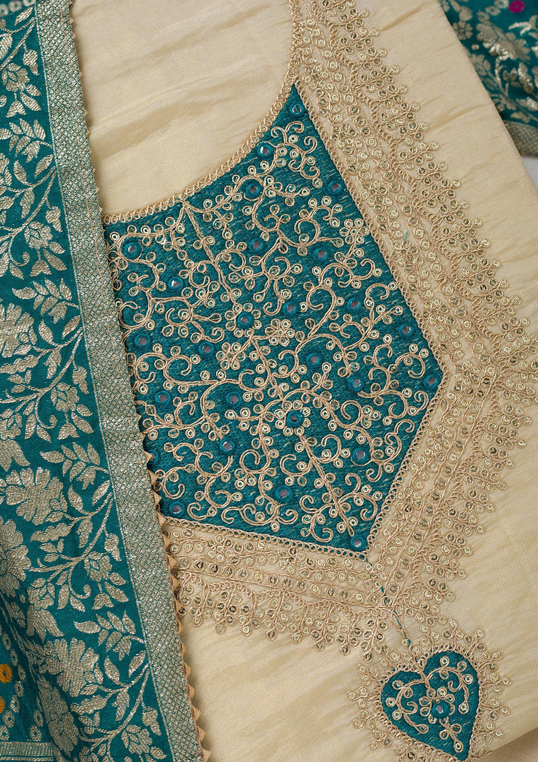 Beige Zariwork Tissue Unstitched Salwar Suit