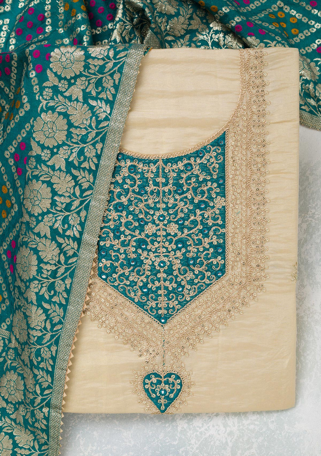 Beige Zariwork Tissue Unstitched Salwar Suit
