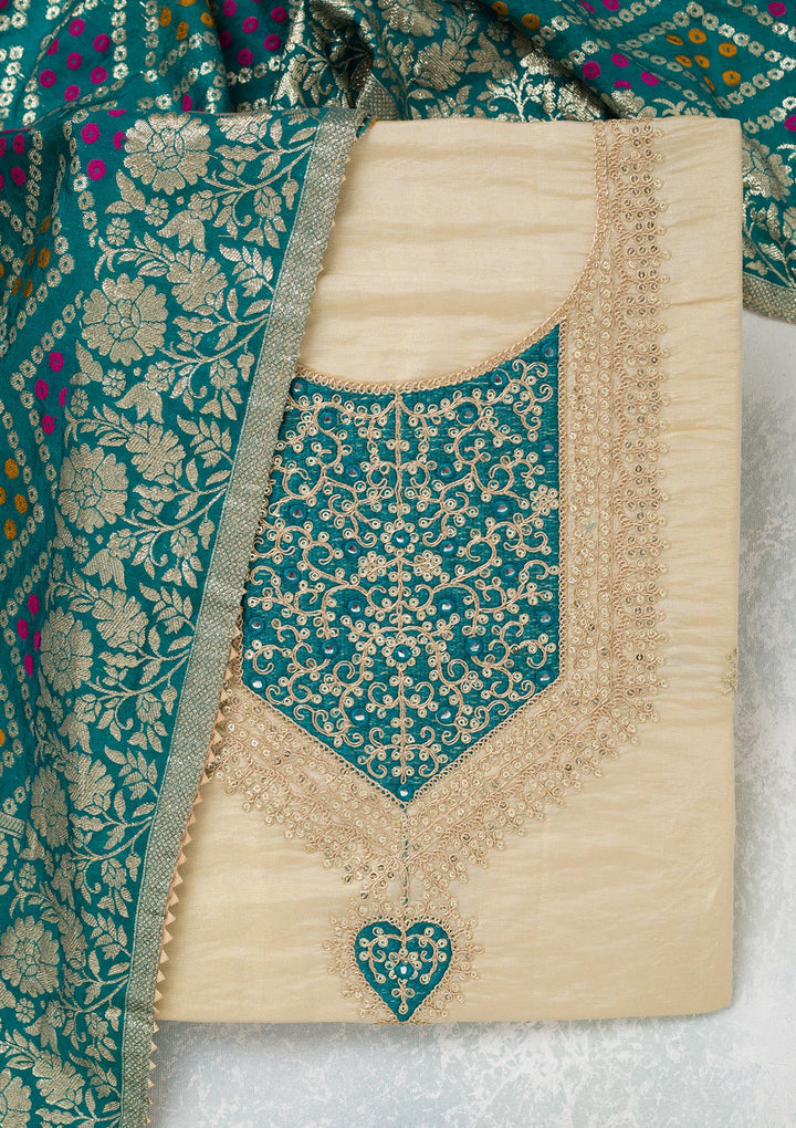 Beige Zariwork Tissue Unstitched Salwar Suit