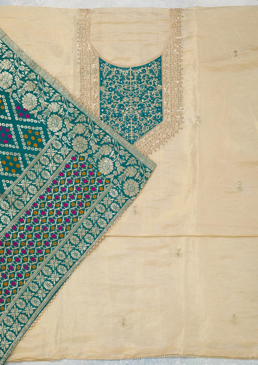 Beige Zariwork Tissue Unstitched Salwar Suit