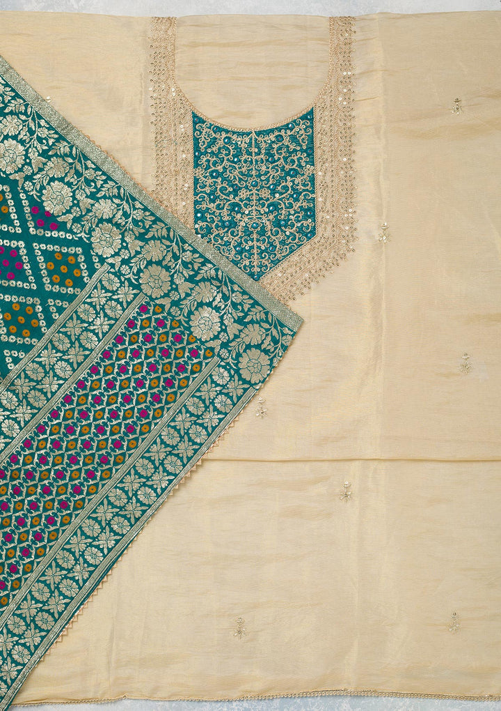 Beige Zariwork Tissue Unstitched Salwar Suit