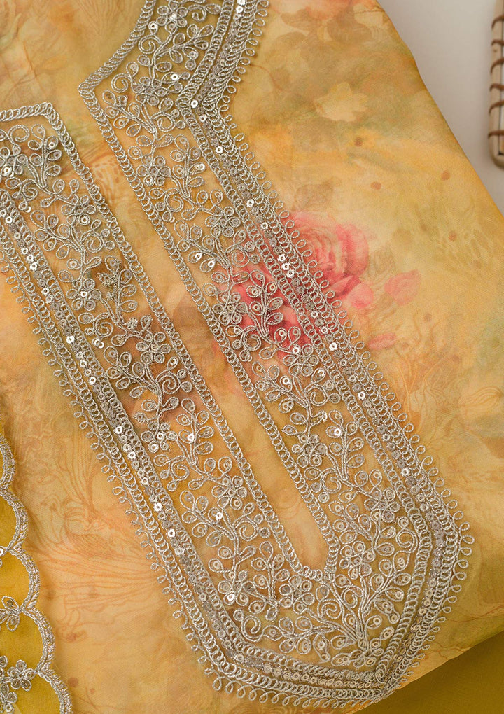 Mustard Zariwork Organza Unstitched Salwar Suit
