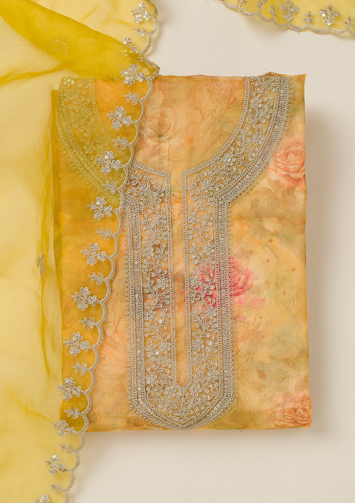 Mustard Zariwork Organza Unstitched Salwar Suit