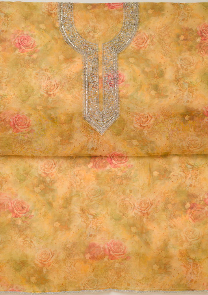 Mustard Zariwork Organza Unstitched Salwar Suit