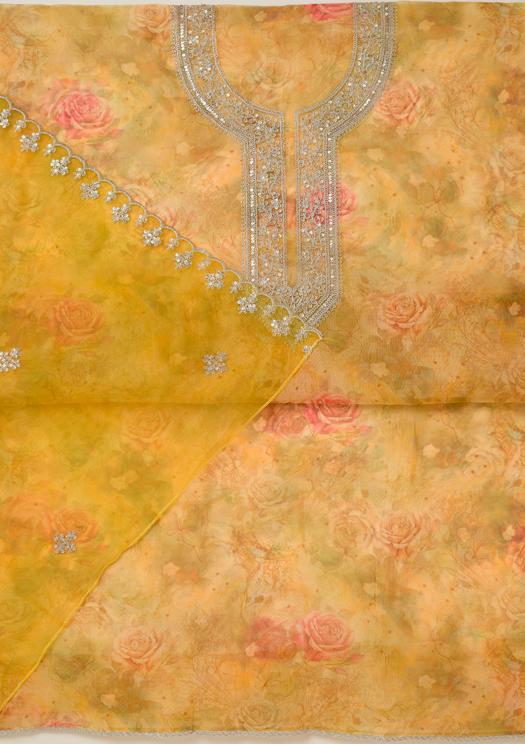 Mustard Zariwork Organza Unstitched Salwar Suit