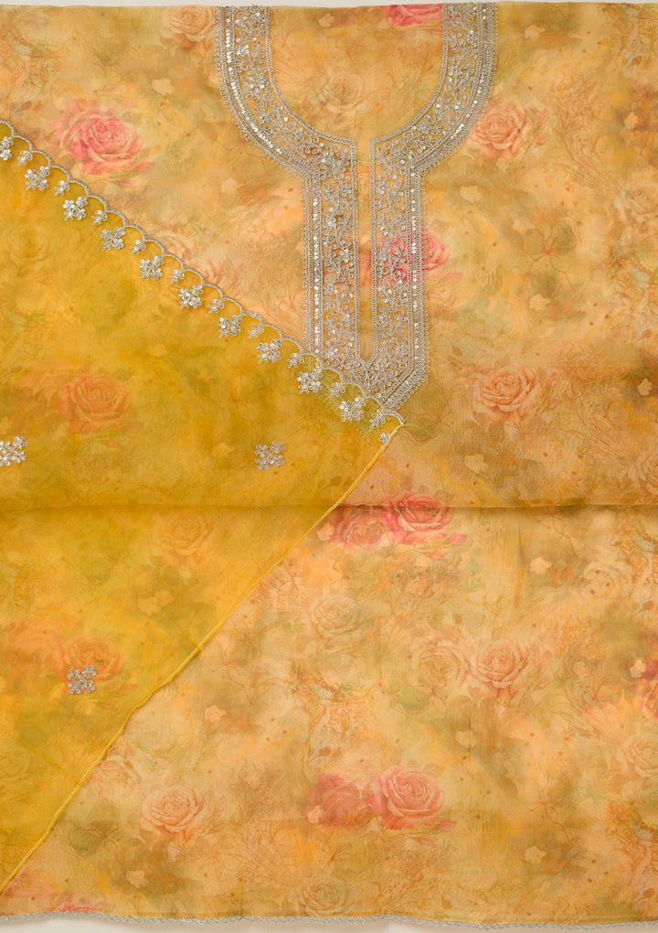 Mustard Zariwork Organza Unstitched Salwar Suit