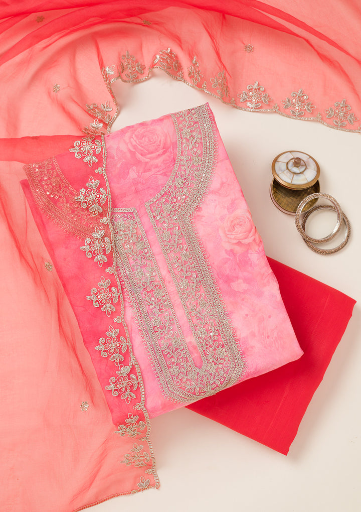 Pink Zariwork Organza Unstitched Salwar Suit