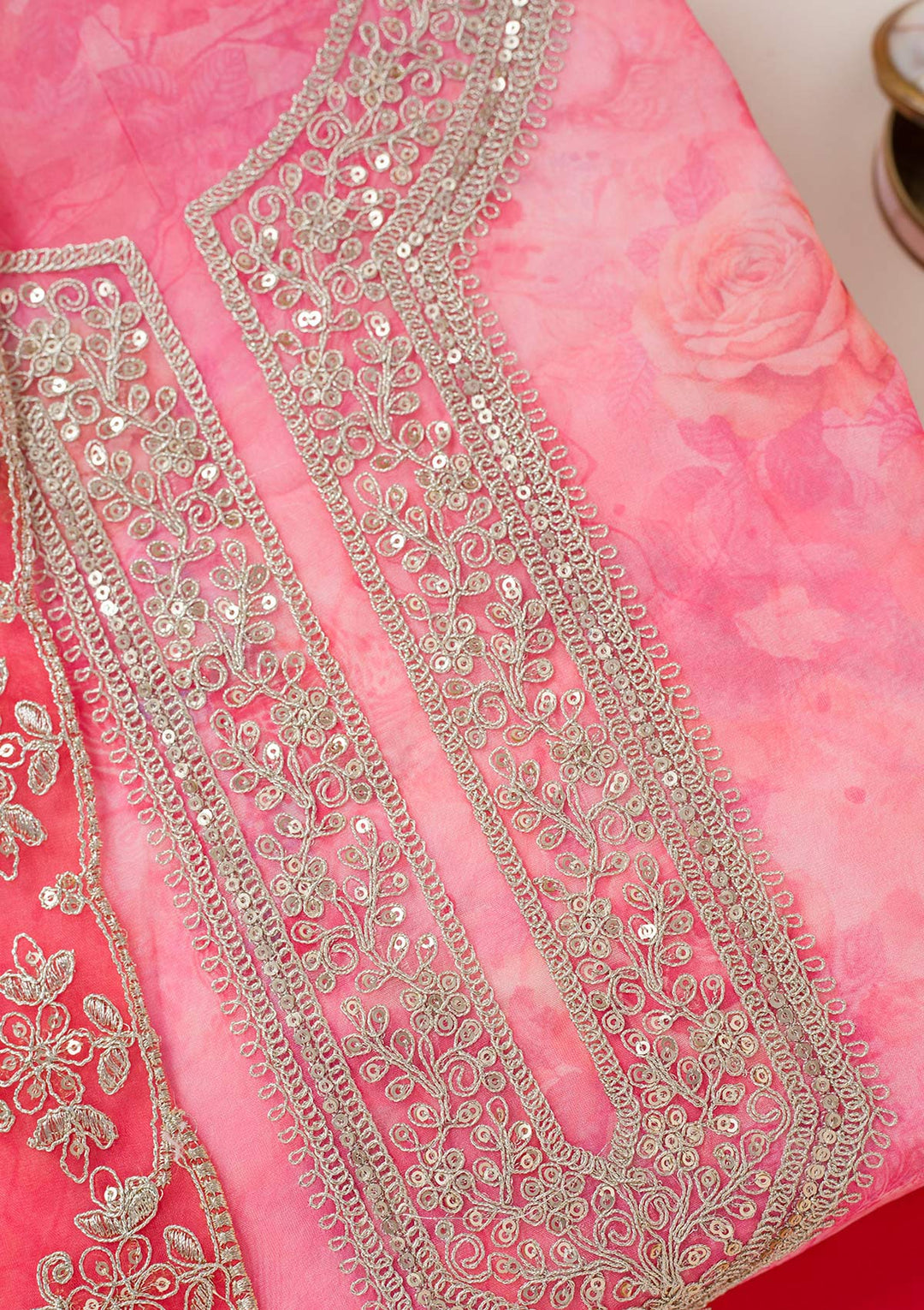 Pink Zariwork Organza Unstitched Salwar Suit