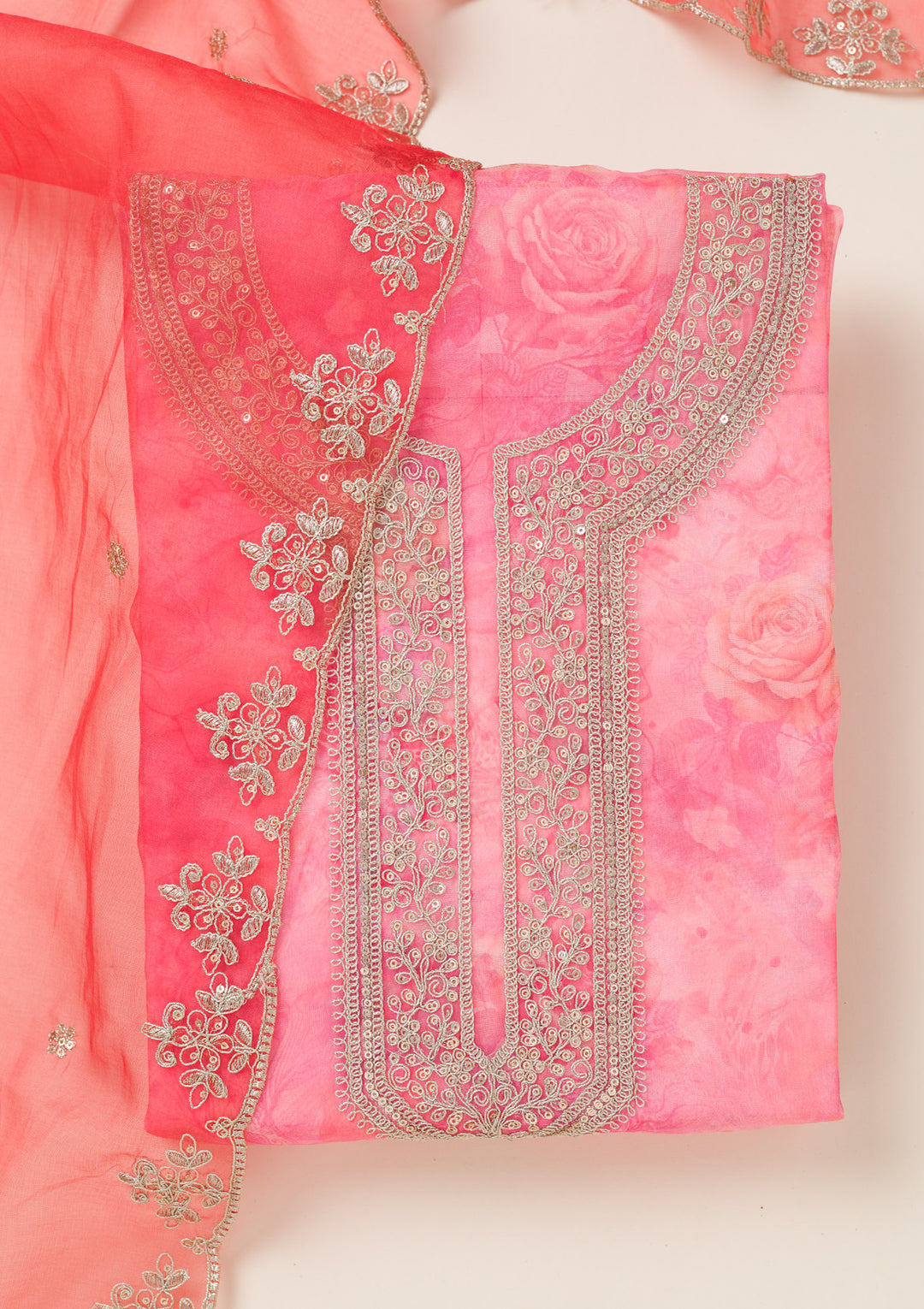 Pink Zariwork Organza Unstitched Salwar Suit
