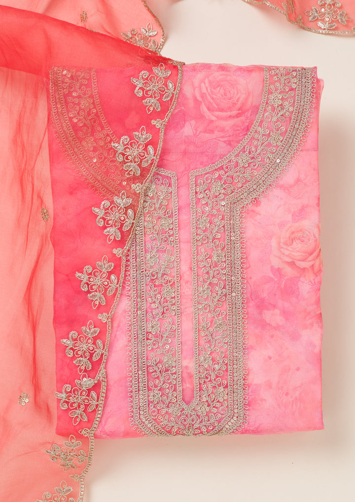 Pink Zariwork Organza Unstitched Salwar Suit