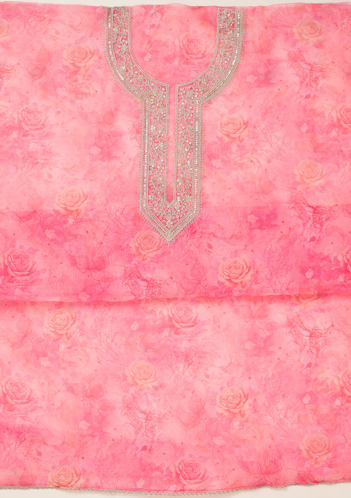 Pink Zariwork Organza Unstitched Salwar Suit