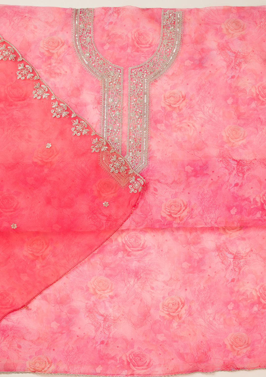 Pink Zariwork Organza Unstitched Salwar Suit